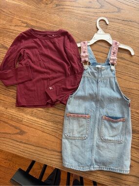 Levi's Burgundy Long-Sleeve Tee with Light Denim Overall Dress